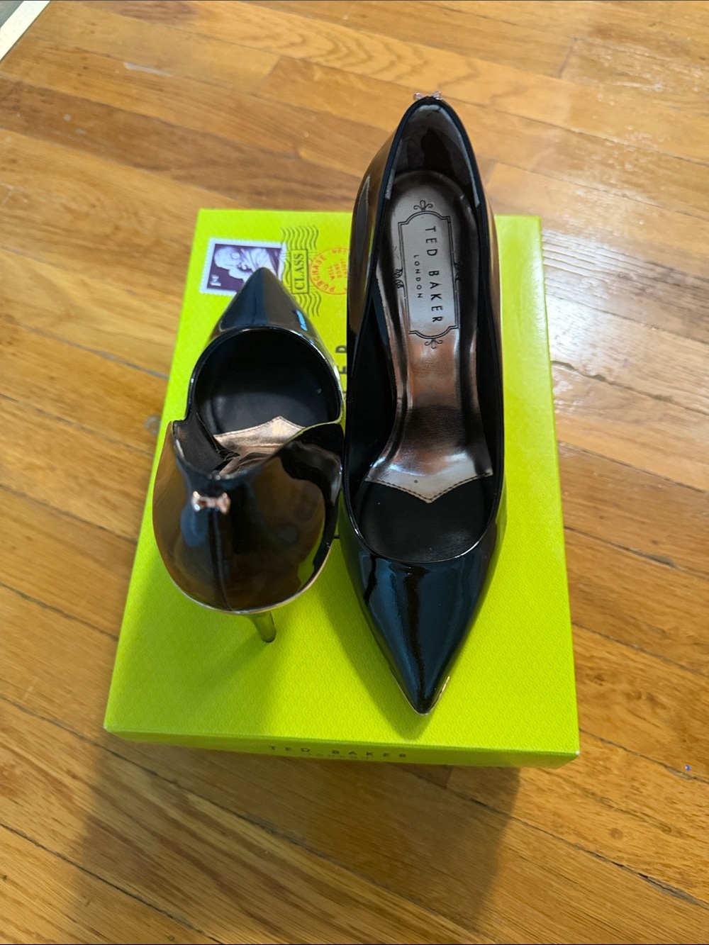 Ted Baker Black Patent Pointed Toe Stiletto Heels with Bow Accent